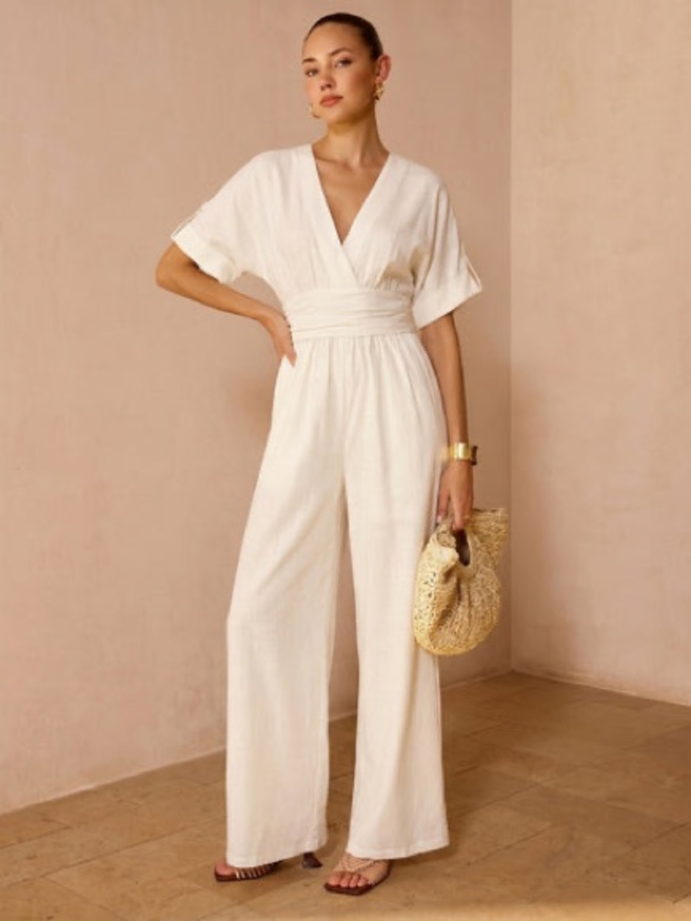 NWT Commense Ruched Waist Wide Peg Jumpsuit